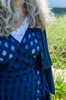 Eugenia Jacket in Seascape Melange Knit; Chomley Frock in National Seashore Open Weave Check Linen; Gabled Frock in Sailcloth Hope and Sail Embroidered Cotton. Ivey Abitz Bespoke Clothing.