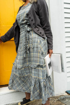Elliot Jacket in Cape Grey Puckered Weave; Hudson Frock in Sea and Summer Land Plaid Linen; Porte Cochere Sash in Sea and Summer Land Plaid Linen. Ivey Abitz Bespoke Clothing.