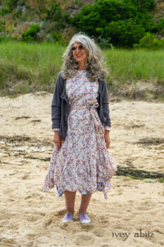 Elliot Jacket in Cape Grey Puckered Weave; Fairholme Dress in Ethereal Floral Cotton Voile; Fairholme Sash in Ethereal Floral Cotton Voile; Fairholme Frock in Plum Tree Wispy Plaid Cotton. Ivey Abitz Bespoke Clothing.