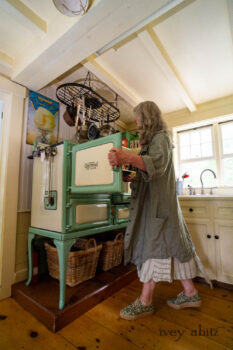 Vanetten Duster Coat in Seagrass Petite Check Linen; Vanetten Frock in Seagrass Washed Stripe Linen. Ivey Abitz Bespoke Clothing.