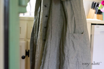 Vanetten Duster Coat in Seagrass Petite Check Linen; Vanetten Frock in Seagrass Washed Stripe Linen. Ivey Abitz Bespoke Clothing.
