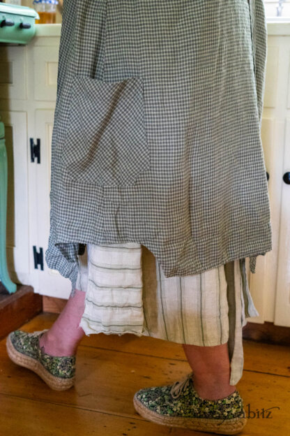 Vanetten Duster Coat in Seagrass Petite Check Linen; Vanetten Frock in Seagrass Washed Stripe Linen. Ivey Abitz Bespoke Clothing.