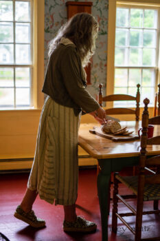 Ans Jacket in Woodlawn Melange Knit; Vanetten Frock in Seagrass Washed Stripe Linen. Ivey Abitz Bespoke Clothing.