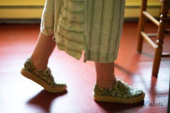 Ans Jacket in Woodlawn Melange Knit; Vanetten Frock in Seagrass Washed Stripe Linen. Ivey Abitz Bespoke Clothing.