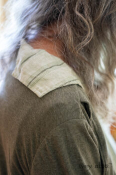 Ans Jacket in Woodlawn Melange Knit; Vanetten Frock in Seagrass Washed Stripe Linen. Ivey Abitz Bespoke Clothing.