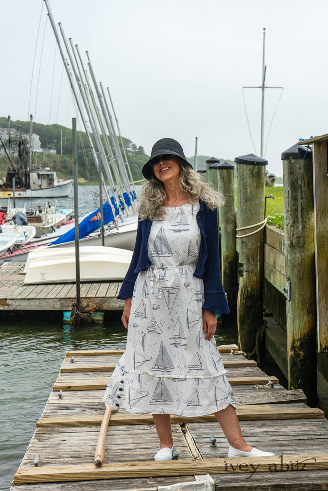 Crest Jacket in National Seashore Washed Ribbed Knit; Harrison Frock in National Seashore Sail Cotton; Cilla Slip Frock in Sailcloth Soft Ribbed Knit. Ivey Abitz Bespoke Clothing.