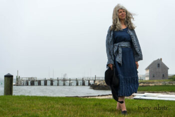 Bonheur Shirt Jacket in Seascape Floral Linen; Bonheur Sash in Seascape Floral Linen; Glenclyffe Frock in Estuary Wondrous Washed Linen. Ivey Abitz Bespoke Clothing.