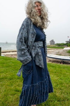 Bonheur Shirt Jacket in Seascape Floral Linen; Bonheur Sash in Seascape Floral Linen; Glenclyffe Frock in Estuary Wondrous Washed Linen. Ivey Abitz Bespoke Clothing.
