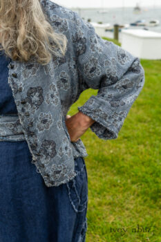 Bonheur Shirt Jacket in Seascape Floral Linen; Bonheur Sash in Seascape Floral Linen; Glenclyffe Frock in Estuary Wondrous Washed Linen. Ivey Abitz Bespoke Clothing.
