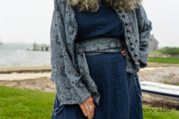 Bonheur Shirt Jacket in Seascape Floral Linen; Bonheur Sash in Seascape Floral Linen; Glenclyffe Frock in Estuary Wondrous Washed Linen. Ivey Abitz Bespoke Clothing.