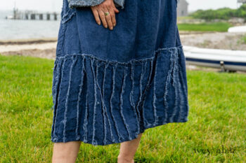 Bonheur Shirt Jacket in Seascape Floral Linen; Bonheur Sash in Seascape Floral Linen; Glenclyffe Frock in Estuary Wondrous Washed Linen. Ivey Abitz Bespoke Clothing.