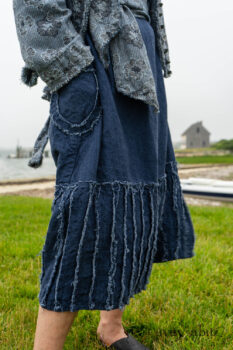 Bonheur Shirt Jacket in Seascape Floral Linen; Bonheur Sash in Seascape Floral Linen; Glenclyffe Frock in Estuary Wondrous Washed Linen. Ivey Abitz Bespoke Clothing.