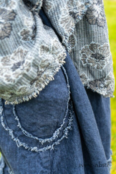 Bonheur Shirt Jacket in Seascape Floral Linen; Bonheur Sash in Seascape Floral Linen; Glenclyffe Frock in Estuary Wondrous Washed Linen. Ivey Abitz Bespoke Clothing.