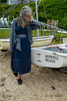 Bonheur Shirt Jacket in Seascape Floral Linen; Bonheur Sash in Seascape Floral Linen; Glenclyffe Frock in Estuary Wondrous Washed Linen. Ivey Abitz Bespoke Clothing.