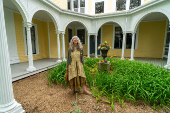 Ans Jacket in Woodlawn Melange Knit; Faudray Overlay in Sand Embroidered Pin Tuck Washed Silk; Everett Frock in Summer Land and Seagrass Washed Linen. Ivey Abitz Bespoke Clothing.