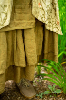 Ans Jacket in Woodlawn Melange Knit; Faudray Overlay in Sand Embroidered Pin Tuck Washed Silk; Everett Frock in Summer Land and Seagrass Washed Linen. Ivey Abitz Bespoke Clothing.