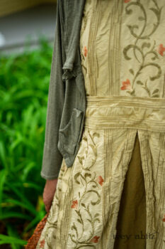 Ans Jacket in Woodlawn Melange Knit; Faudray Overlay in Sand Embroidered Pin Tuck Washed Silk; Everett Frock in Summer Land and Seagrass Washed Linen. Ivey Abitz Bespoke Clothing.