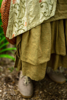 Ans Jacket in Woodlawn Melange Knit; Faudray Overlay in Sand Embroidered Pin Tuck Washed Silk; Everett Frock in Summer Land and Seagrass Washed Linen. Ivey Abitz Bespoke Clothing.