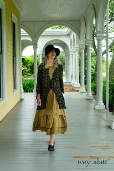 Milton Duster Coat in Summer Land Crinkled Silk Chiffon; Summer Land and Seagrass Washed Linen; Cilla Slip Frock in Sailcloth Soft Ribbed Knit. Ivey Abitz Bespoke Clothing.