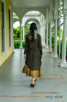 Milton Duster Coat in Summer Land Crinkled Silk Chiffon; Summer Land and Seagrass Washed Linen; Cilla Slip Frock in Sailcloth Soft Ribbed Knit. Ivey Abitz Bespoke Clothing.