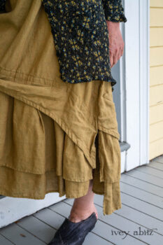 Milton Duster Coat in Summer Land Crinkled Silk Chiffon; Summer Land and Seagrass Washed Linen; Cilla Slip Frock in Sailcloth Soft Ribbed Knit. Ivey Abitz Bespoke Clothing.
