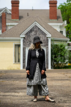 Mewland Jacket in Black Washed Crinkled Linen; Mewland Vest in Beacon Black Embroidered Plaid on Petite Stripe; Mewland Trousers in Beacon Black Embroidered Plaid on Petite Stripe. Ivey Abitz Bespoke Clothing.