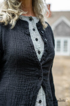 Mewland Jacket in Black Washed Crinkled Linen; Mewland Vest in Beacon Black Embroidered Plaid on Petite Stripe; Mewland Trousers in Beacon Black Embroidered Plaid on Petite Stripe. Ivey Abitz Bespoke Clothing.