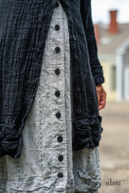 Mewland Jacket in Black Washed Crinkled Linen; Mewland Vest in Beacon Black Embroidered Plaid on Petite Stripe; Mewland Trousers in Beacon Black Embroidered Plaid on Petite Stripe. Ivey Abitz Bespoke Clothing.