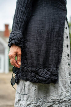 Mewland Jacket in Black Washed Crinkled Linen; Mewland Vest in Beacon Black Embroidered Plaid on Petite Stripe; Mewland Trousers in Beacon Black Embroidered Plaid on Petite Stripe. Ivey Abitz Bespoke Clothing.