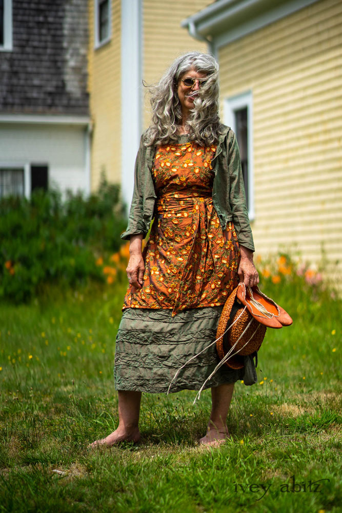 Ans Jacket in Coral and Seagrass Washed Linen; River Frock in Coral Embroidered Washed Silk; Bertie Frock in Coral and Seagrass Washed Linen; Fairholme Sash in Coral Embroidered Washed Silk. Ivey Abitz Bespoke Clothing.