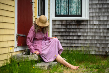 Pierrepont Shirt in Red Sky at Night Yarn Dyed Weave; Viv Frock in Red Sky at Night Stripe; Cilla Slip Frock in Sailcloth Soft Ribbed Knit. Ivey Abitz Bespoke Clothing.