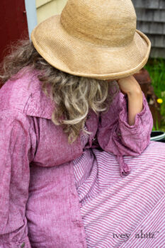 Pierrepont Shirt in Red Sky at Night Yarn Dyed Weave; Viv Frock in Red Sky at Night Stripe; Cilla Slip Frock in Sailcloth Soft Ribbed Knit. Ivey Abitz Bespoke Clothing.