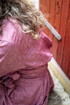 Pierrepont Shirt in Red Sky at Night Yarn Dyed Weave; Viv Frock in Red Sky at Night Stripe; Cilla Slip Frock in Sailcloth Soft Ribbed Knit. Ivey Abitz Bespoke Clothing.