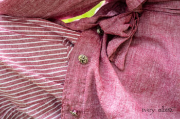 Pierrepont Shirt in Red Sky at Night Yarn Dyed Weave; Viv Frock in Red Sky at Night Stripe; Cilla Slip Frock in Sailcloth Soft Ribbed Knit. Ivey Abitz Bespoke Clothing.
