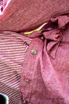 Pierrepont Shirt in Red Sky at Night Yarn Dyed Weave; Viv Frock in Red Sky at Night Stripe; Cilla Slip Frock in Sailcloth Soft Ribbed Knit. Ivey Abitz Bespoke Clothing.