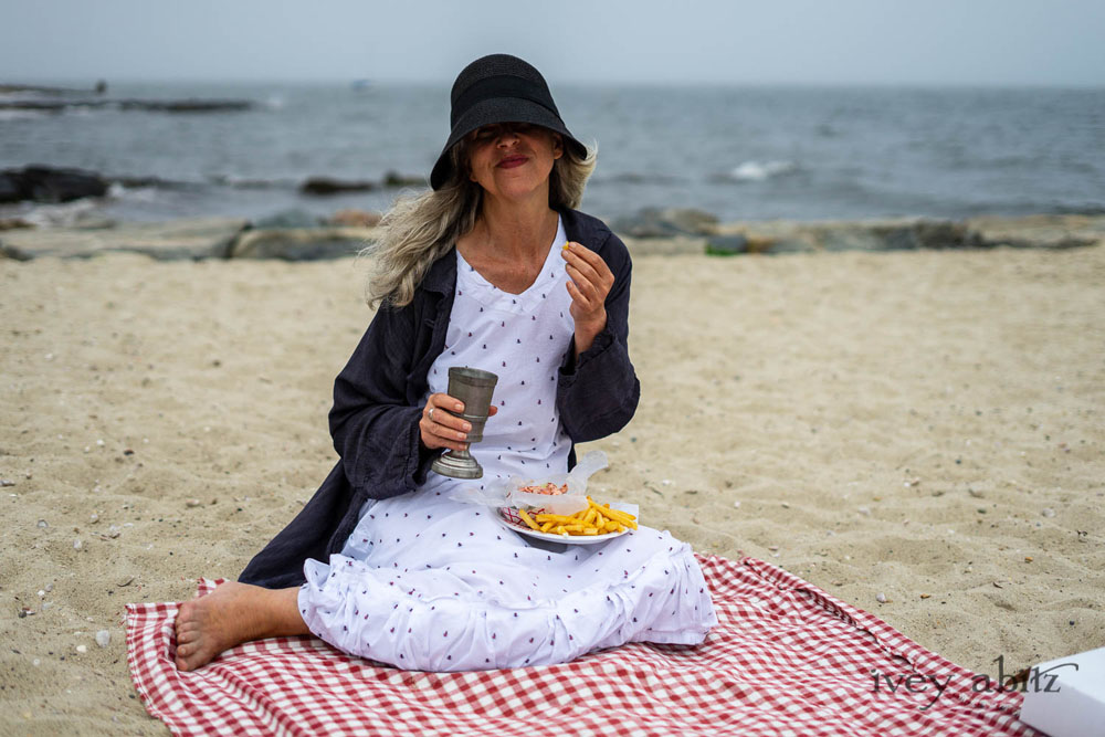 Viv Coat Dress in National Seashore Pinstripe Voile; Gabled Frock in Sailcloth Hope and Sail Embroidered Cotton; Cilla Slip Frock in Sailcloth Soft Ribbed Knit. Ivey Abitz Bespoke Clothing.