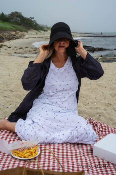 Viv Coat Dress in National Seashore Pinstripe Voile; Gabled Frock in Sailcloth Hope and Sail Embroidered Cotton; Cilla Slip Frock in Sailcloth Soft Ribbed Knit. Ivey Abitz Bespoke Clothing.
