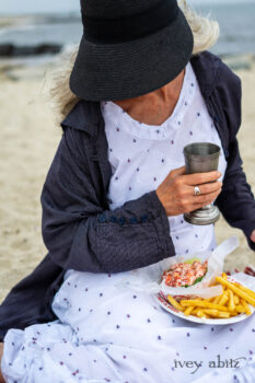 Viv Coat Dress in National Seashore Pinstripe Voile; Gabled Frock in Sailcloth Hope and Sail Embroidered Cotton; Cilla Slip Frock in Sailcloth Soft Ribbed Knit. Ivey Abitz Bespoke Clothing.