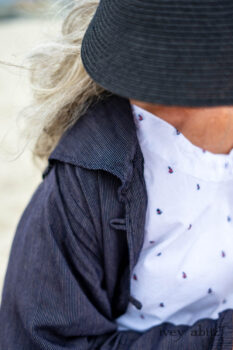 Viv Coat Dress in National Seashore Pinstripe Voile; Gabled Frock in Sailcloth Hope and Sail Embroidered Cotton; Cilla Slip Frock in Sailcloth Soft Ribbed Knit. Ivey Abitz Bespoke Clothing.