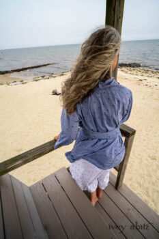 Pierrepont Shirt in Estuary Hope and Sail Embroidered Cotton; Gabled Frock in Sailcloth Hope and Sail Embroidered Cotton; Cilla Slip Frock in Sailcloth Soft Ribbed Knit. Ivey Abitz Bespoke Clothing.