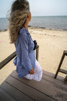 Pierrepont Shirt in Estuary Hope and Sail Embroidered Cotton; Gabled Frock in Sailcloth Hope and Sail Embroidered Cotton; Cilla Slip Frock in Sailcloth Soft Ribbed Knit. Ivey Abitz Bespoke Clothing.