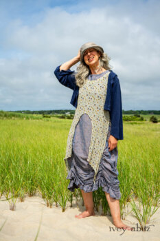 Eugenia Jacket in Seascape Melange Knit; Lumiere Frock in Cape Floral Silk Chiffon; Clemmie Frock in Cape Sunrise Washed Linen. Ivey Abitz Bespoke Clothing.