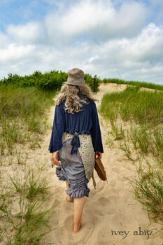 Eugenia Jacket in Seascape Melange Knit; Lumiere Frock in Cape Floral Silk Chiffon; Clemmie Frock in Cape Sunrise Washed Linen. Ivey Abitz Bespoke Clothing.