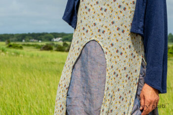 Eugenia Jacket in Seascape Melange Knit; Lumiere Frock in Cape Floral Silk Chiffon; Clemmie Frock in Cape Sunrise Washed Linen. Ivey Abitz Bespoke Clothing.
