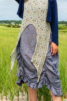 Eugenia Jacket in Seascape Melange Knit; Lumiere Frock in Cape Floral Silk Chiffon; Clemmie Frock in Cape Sunrise Washed Linen. Ivey Abitz Bespoke Clothing.