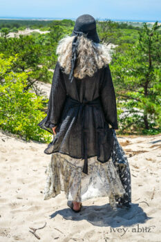 Inglenook Shirt Jacket in Beacon Black Stripe Twill Silk; Fairholme Dress in Ethereal Cream and Black Floral Voile; Cilla Slip Frock in Sailcloth Soft Ribbed Knit; Elliot Jacket in Beacon Black Flora and Fauna Knit. Ivey Abitz Bespoke Clothing.
