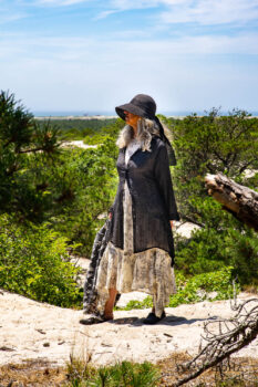 Inglenook Shirt Jacket in Beacon Black Stripe Twill Silk; Fairholme Dress in Ethereal Cream and Black Floral Voile; Cilla Slip Frock in Sailcloth Soft Ribbed Knit; Elliot Jacket in Beacon Black Flora and Fauna Knit. Ivey Abitz Bespoke Clothing.
