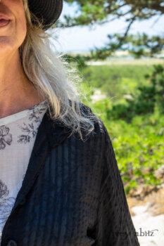 Inglenook Shirt Jacket in Beacon Black Stripe Twill Silk; Fairholme Dress in Ethereal Cream and Black Floral Voile; Cilla Slip Frock in Sailcloth Soft Ribbed Knit; Elliot Jacket in Beacon Black Flora and Fauna Knit. Ivey Abitz Bespoke Clothing.
