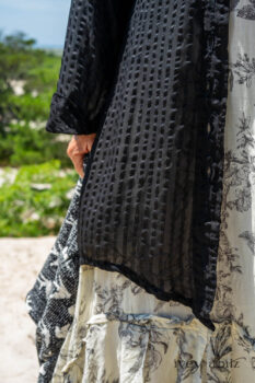 Inglenook Shirt Jacket in Beacon Black Stripe Twill Silk; Fairholme Dress in Ethereal Cream and Black Floral Voile; Cilla Slip Frock in Sailcloth Soft Ribbed Knit; Elliot Jacket in Beacon Black Flora and Fauna Knit. Ivey Abitz Bespoke Clothing.