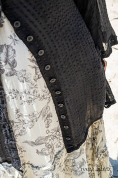 Inglenook Shirt Jacket in Beacon Black Stripe Twill Silk; Fairholme Dress in Ethereal Cream and Black Floral Voile; Cilla Slip Frock in Sailcloth Soft Ribbed Knit; Elliot Jacket in Beacon Black Flora and Fauna Knit. Ivey Abitz Bespoke Clothing.